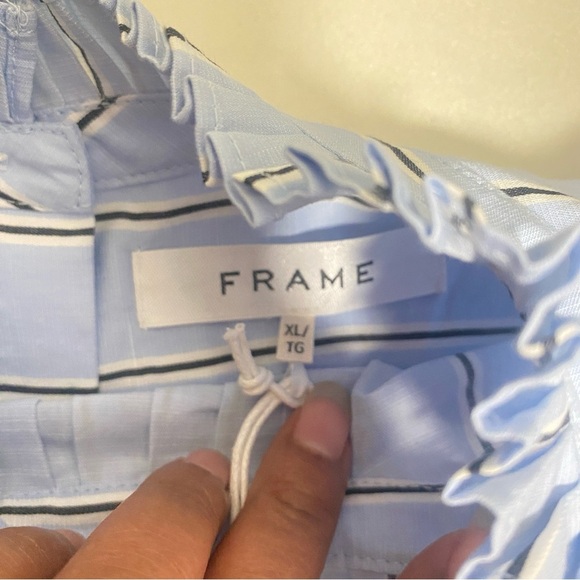 NWT FRAME Striped Mock Neck Sleeveless Ruffle Top In Ciel Multi - Size XL - Picture 2 of 8